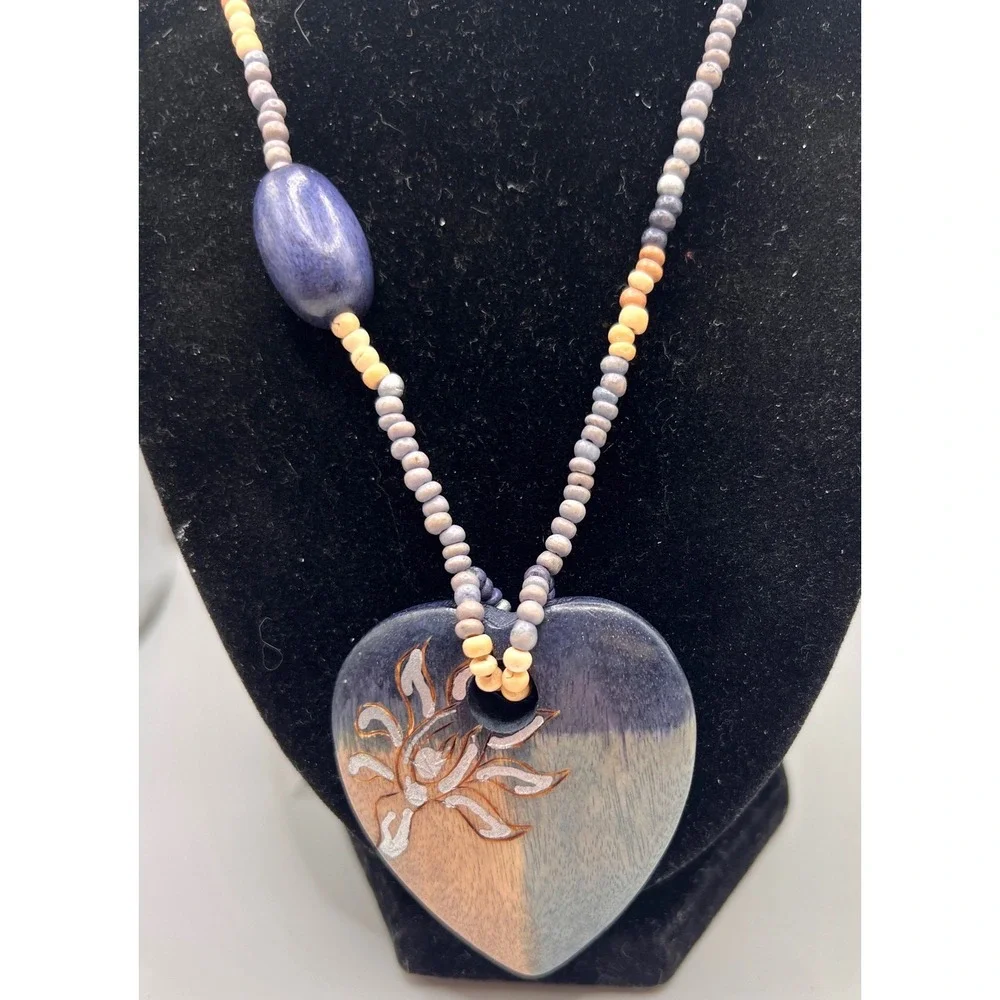 Boho Heart Pendant Necklace 32" Wood Beaded Long Statement‎ - Picture 4 of 8
